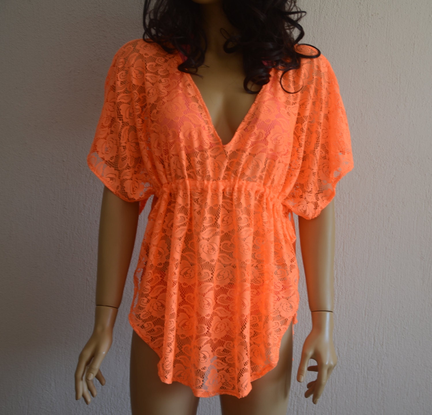 Neon orange crochet lace caftan beach cover up summer by bstyle