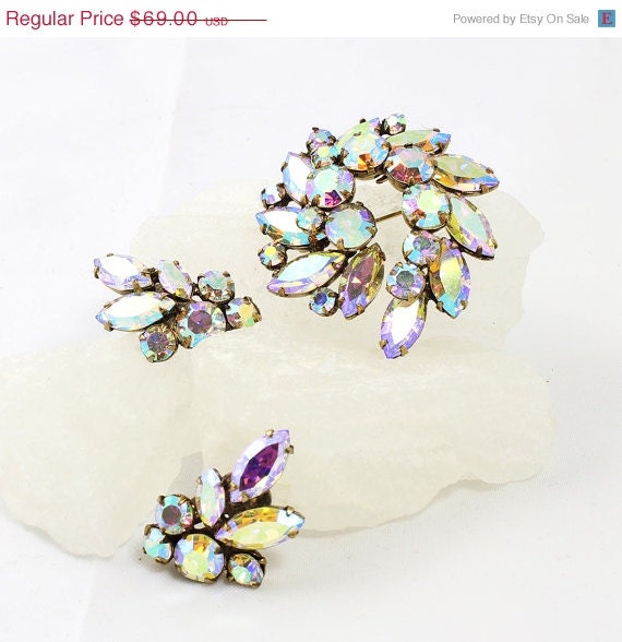 MEMORIAL DAY SALE Vintage Designer Signed Regency Brooch and Earring Set - Vivid Ab Stones - Highest Quality - 1950s to 1960s - Crescent Sha