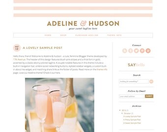 Blogger Template Premade Blog Theme Design "Adeline & Hudson" Gold Pink Stripes