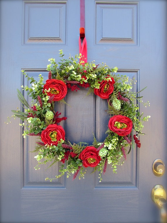 Red Spring Wreath Red Door Wreath Red and Green Spring Door