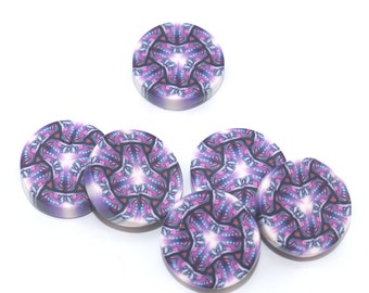 Millefiori beads in pinks, purple and white, Kaleidoscope beads, round flat beads, set of 6 Polymer clay beads