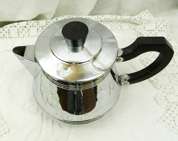 Vintage French Art Deco Chrome Plated Copper Cafetière / Coffee Pot / Tea Pot, Retro 1930s Metal Kettle with Bakelite Handle from France