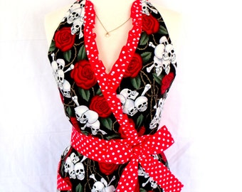 Rockabilly Skull and Roses Apron Halter Style with Red Polka dot