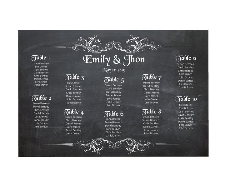 Chalkboard Wedding Seating Chart By table No. Customizable