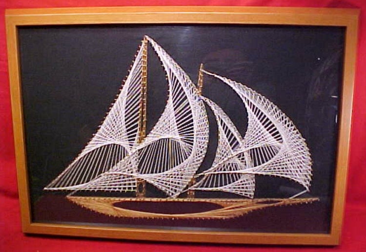 Nautical String Art Sailing Ship Vintage 1970's Modern x