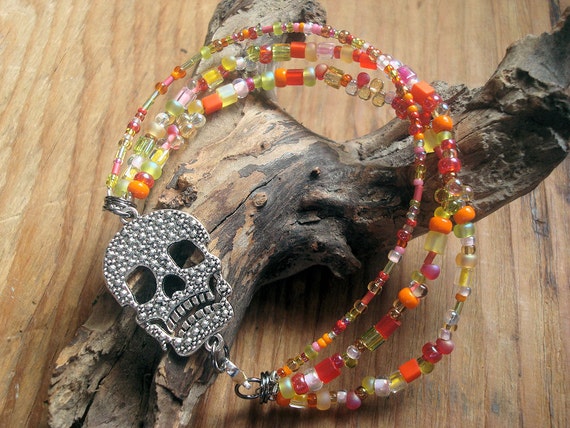 Sugar skull triple strand bracelet, Sugar skull bracelet, Halloween jewelry