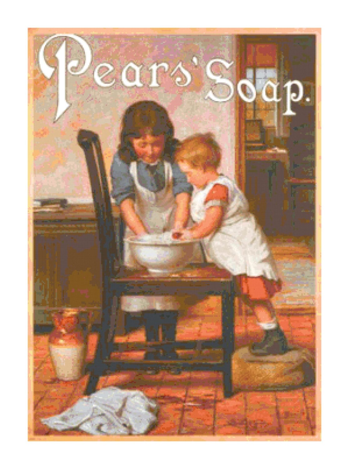 Handmade Vintage Pears Soap Ad of Children Washing on a Chair