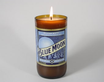 Beer Bottle Candle Upcycled from Blue Moon Beer Bottle, Custom Made Candle