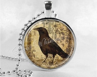 RAVEN Pendant Necklace Jewelry, Raven Black Crow Bird Gothic Art Jewelry, Glass Art Necklace, Vintage Raven Art