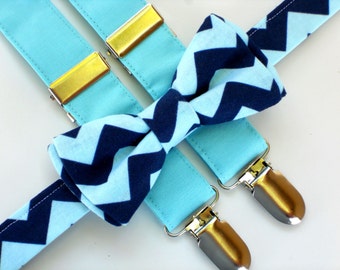 Kids bow tie and suspenders, chevron bow tie, blue suspenders, boys 1st birthday outfit, boys photo prop, cake smash outfit boy