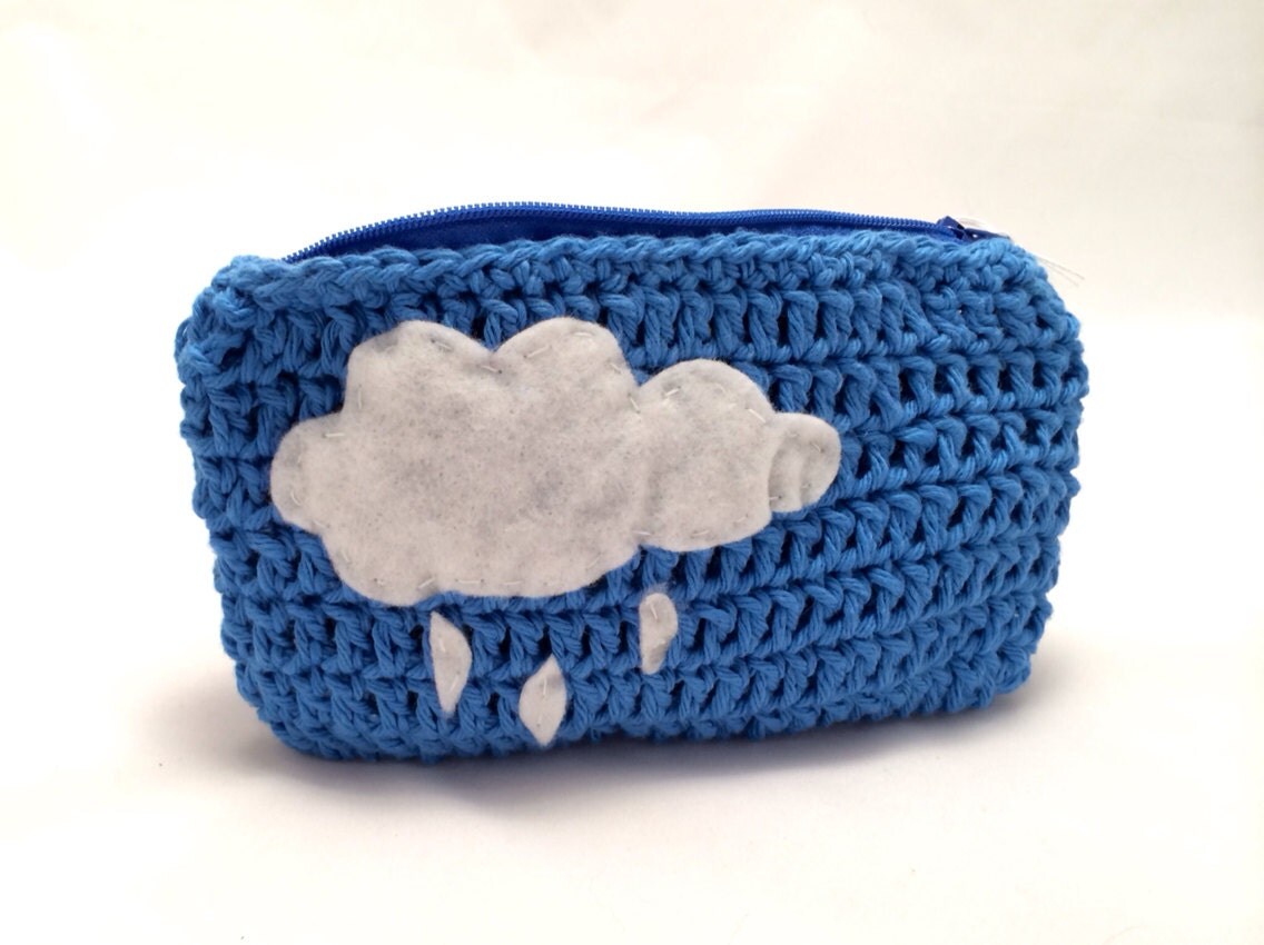 Blue Crochet Coin Purse with Rain Cloud Zipper Pouch
