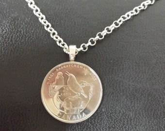 Canada Bird Necklace - 2005 Canada Coin Pendant with Chain - 2005 Saskatchewan Canado Coin Necklace