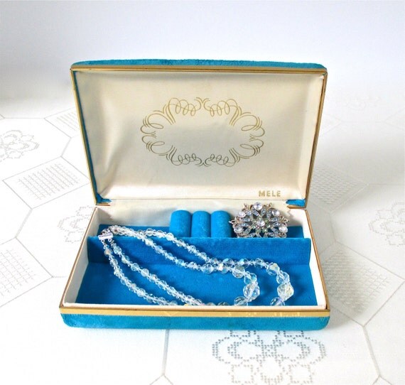 Turquoise Blue Velvet Jewelry Box Vintage MELE Compact Jewelry