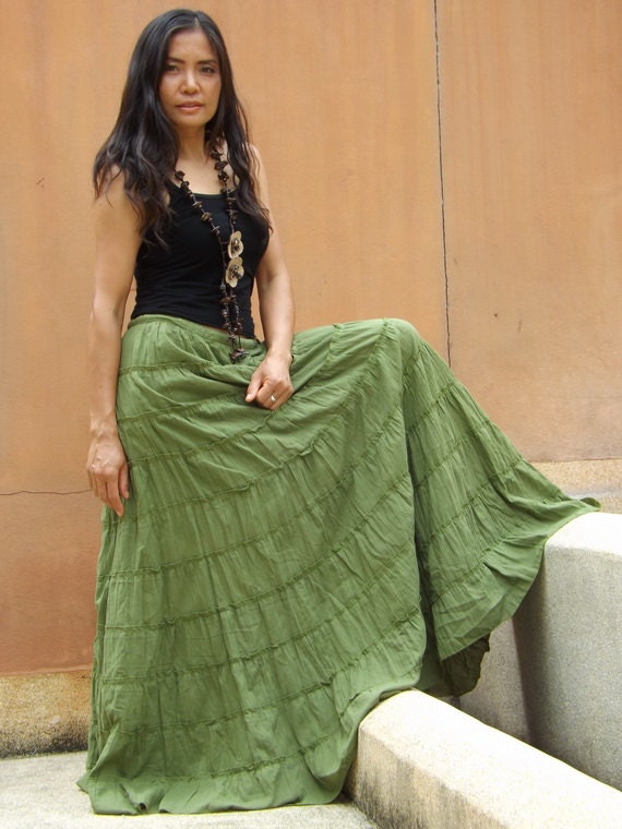 Long Skirt ...Boho Skirt ....Color Green ... Soft and Floaty
