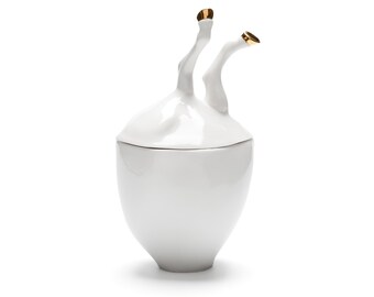 Ceramic Sugar Bowl, Porcelain, White Pottery, Surprise Ceramic Gift, Golden Hooves Bowl, Unique Ceramics by Barceramics