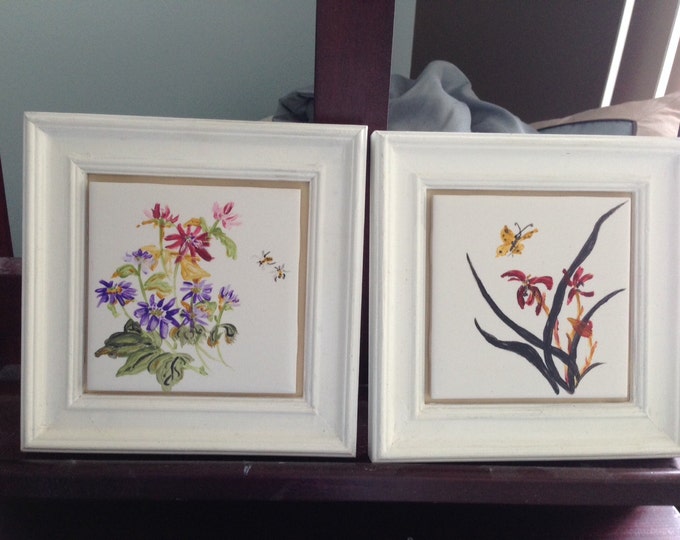 Pair of White Tiled Paintings in Wood Frames