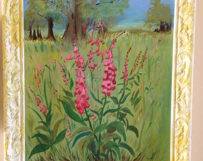 Field of Foxgloves 16" x 20" Acrylic Painting Framed by a Solid Ornate Wood Frame