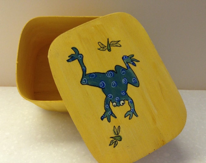 Wood Box with Lid, Decorated with Frog and Dragonflies