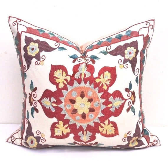 Round designed Suzani pillow cover Decorative by IkatSuzanicom