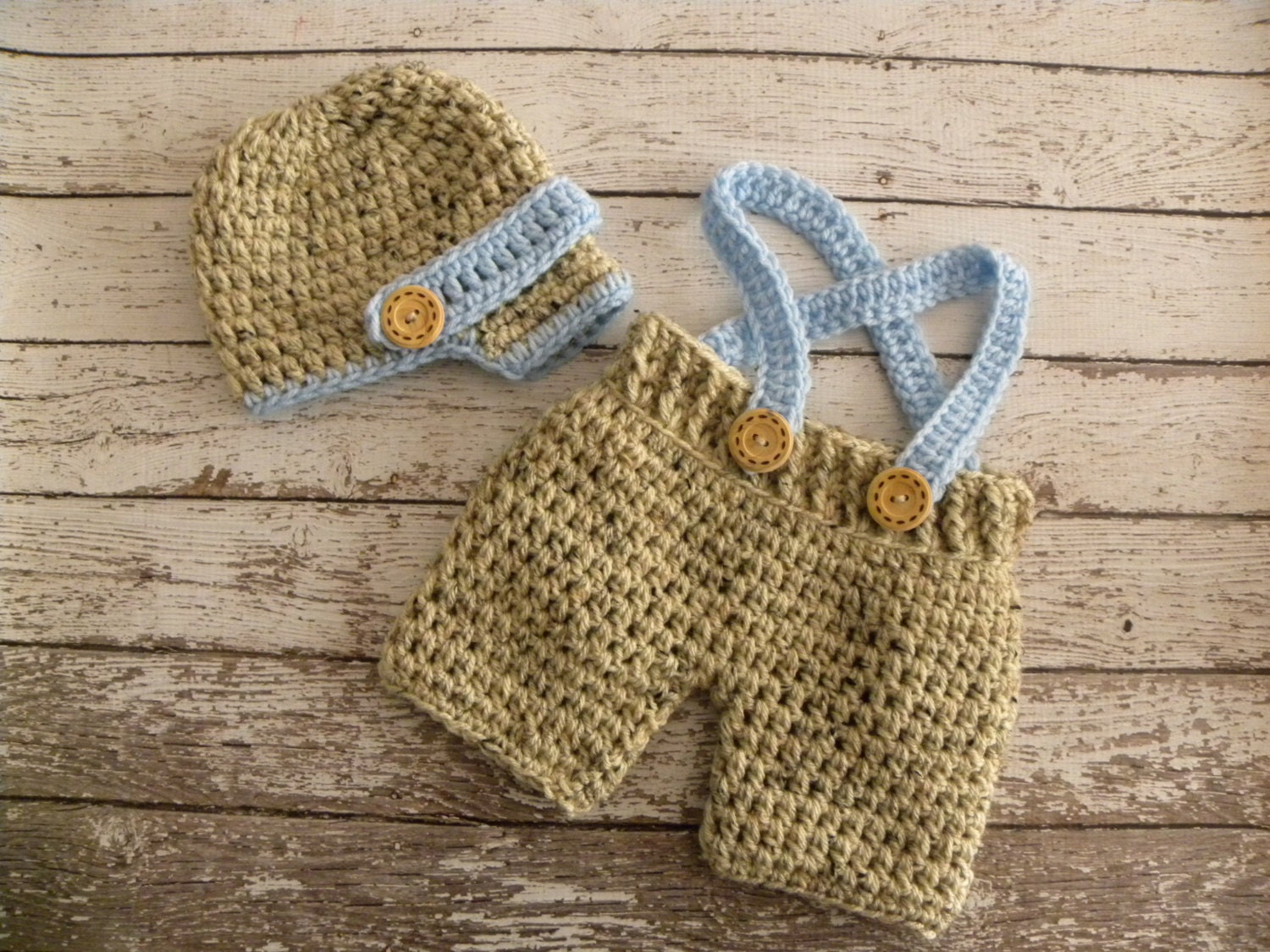 Crochet baby shorts/pants with suspenders and newsboy hat in