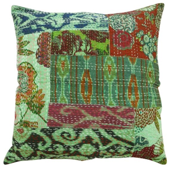 Items similar to 23" X 23” Kantha Stitch Style Pillow Cover Decorative Patchwork Pattern Green