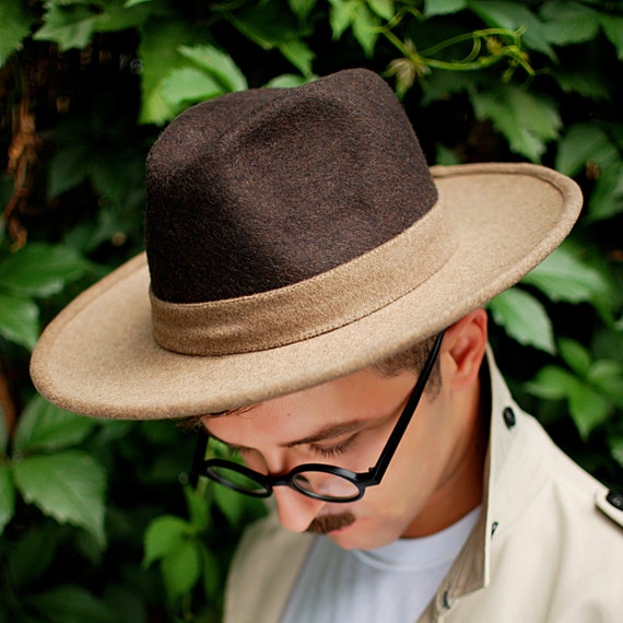 Men fedora hat / felt woolen brown beige winter wide brim hat