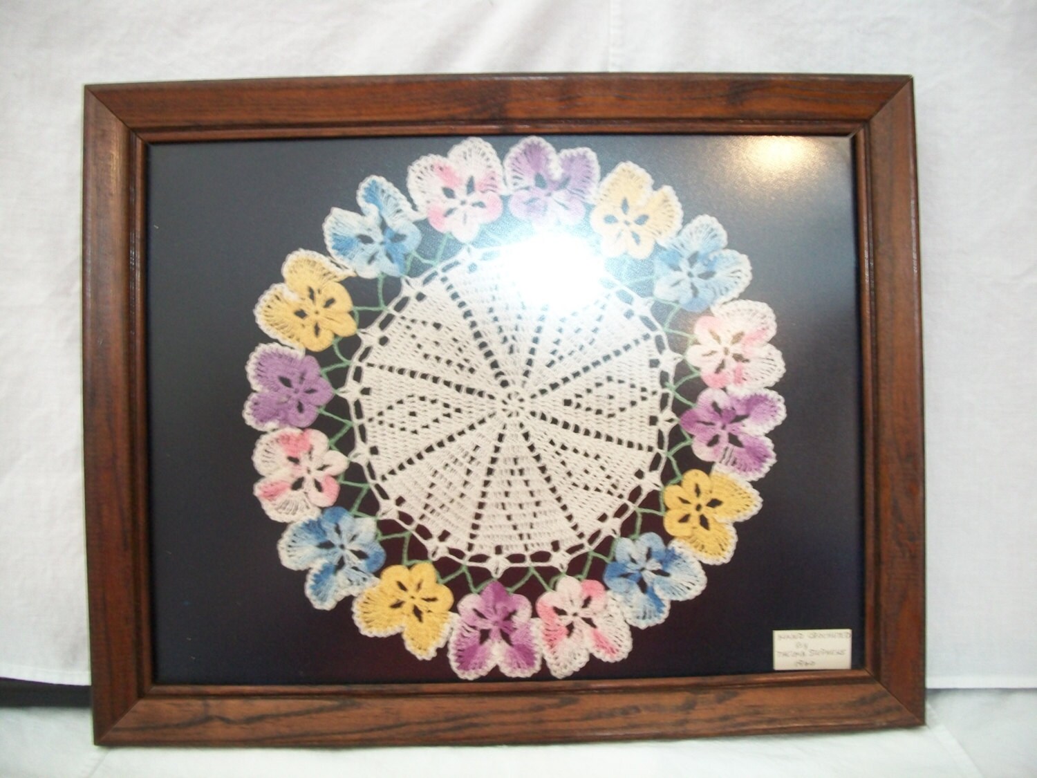 Vintage Colorful Framed Doily Doilie 1960 Shabby Chic