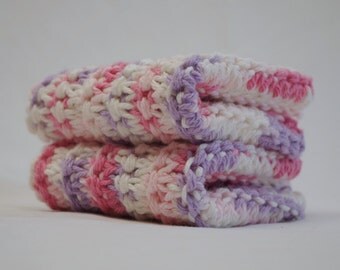 Hand Knit Dishcloth Set: 100% Cotton Set of 2 Pink, Purple & White Dish Cloths, Ready to Ship, Charity Donation for Alzheimer's Research