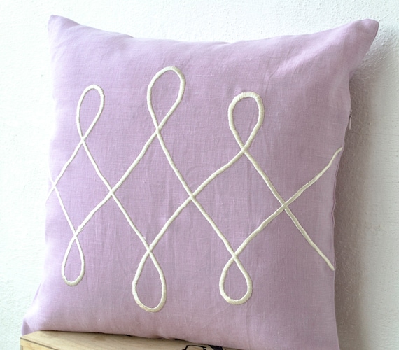 Purple Linen Pillow Cover with White Embroidery Mauve Linen