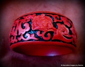 Vintage Intricately Carved Chinese  CINNABAR Red with Black Wide Bangle Bracelet