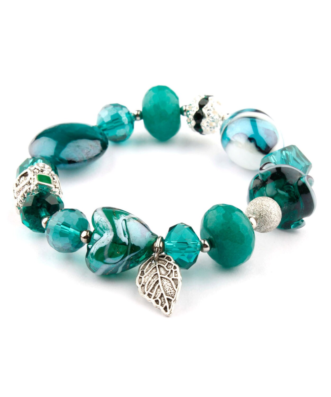 Teal Murano Glass and Crystal Fashion Beaded Bracelet with a