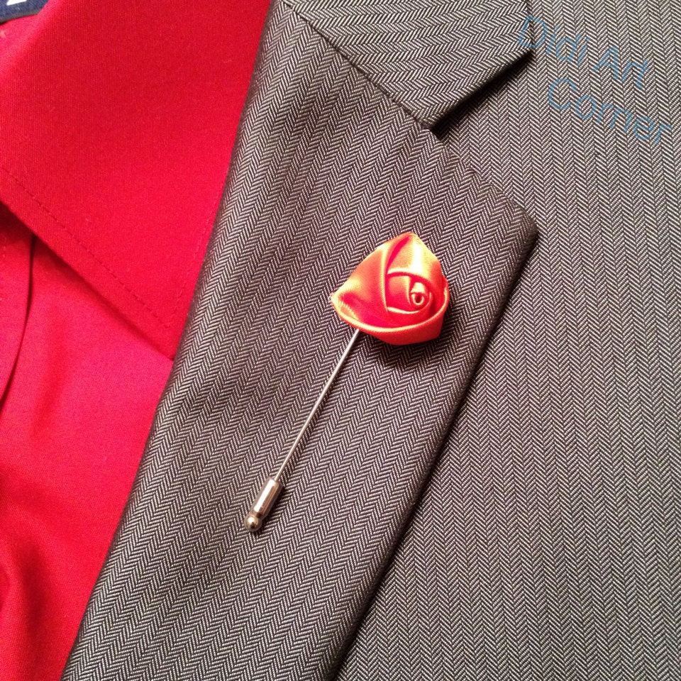 Flower Lapel Pin Elegant Handcrafted Coral Orange Satin Rose