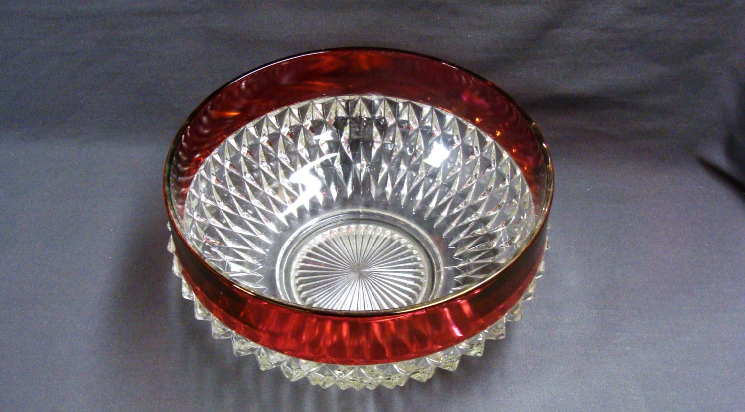 Indiana Glass Ruby Band Diamond Point Large Round Serving Bowl