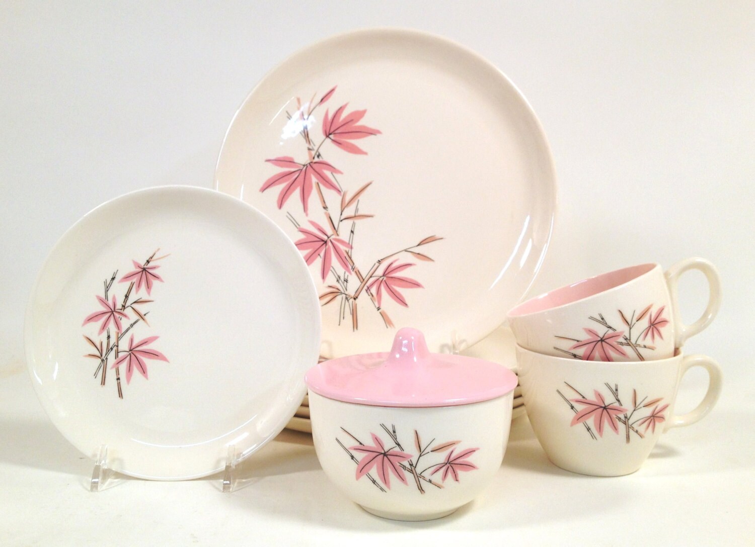 Vintage Salem China Pink Bamboo Dinnerware / 6 Plates Sugar