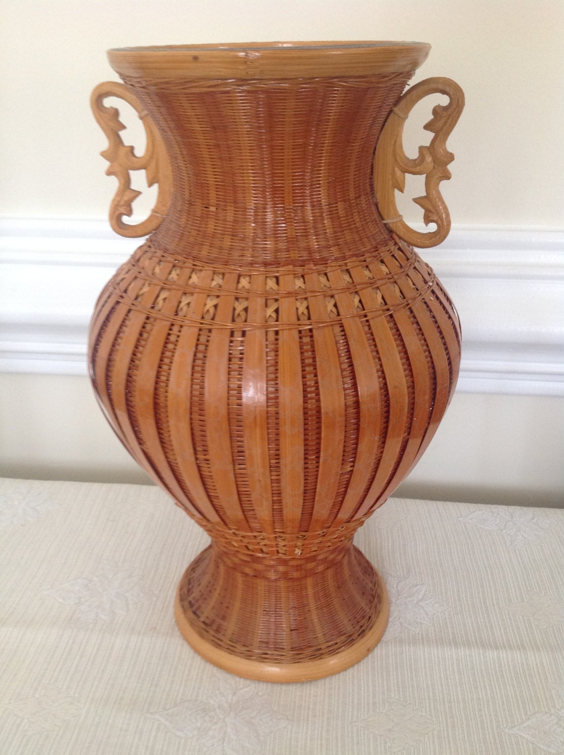 Oriental Woven Wicker Vase with Porcelain Insert