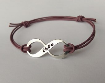 Hand stamped personalised Infinity leather cord adjustable bracelet - personalised couples bracelet - personalised gift present for him her