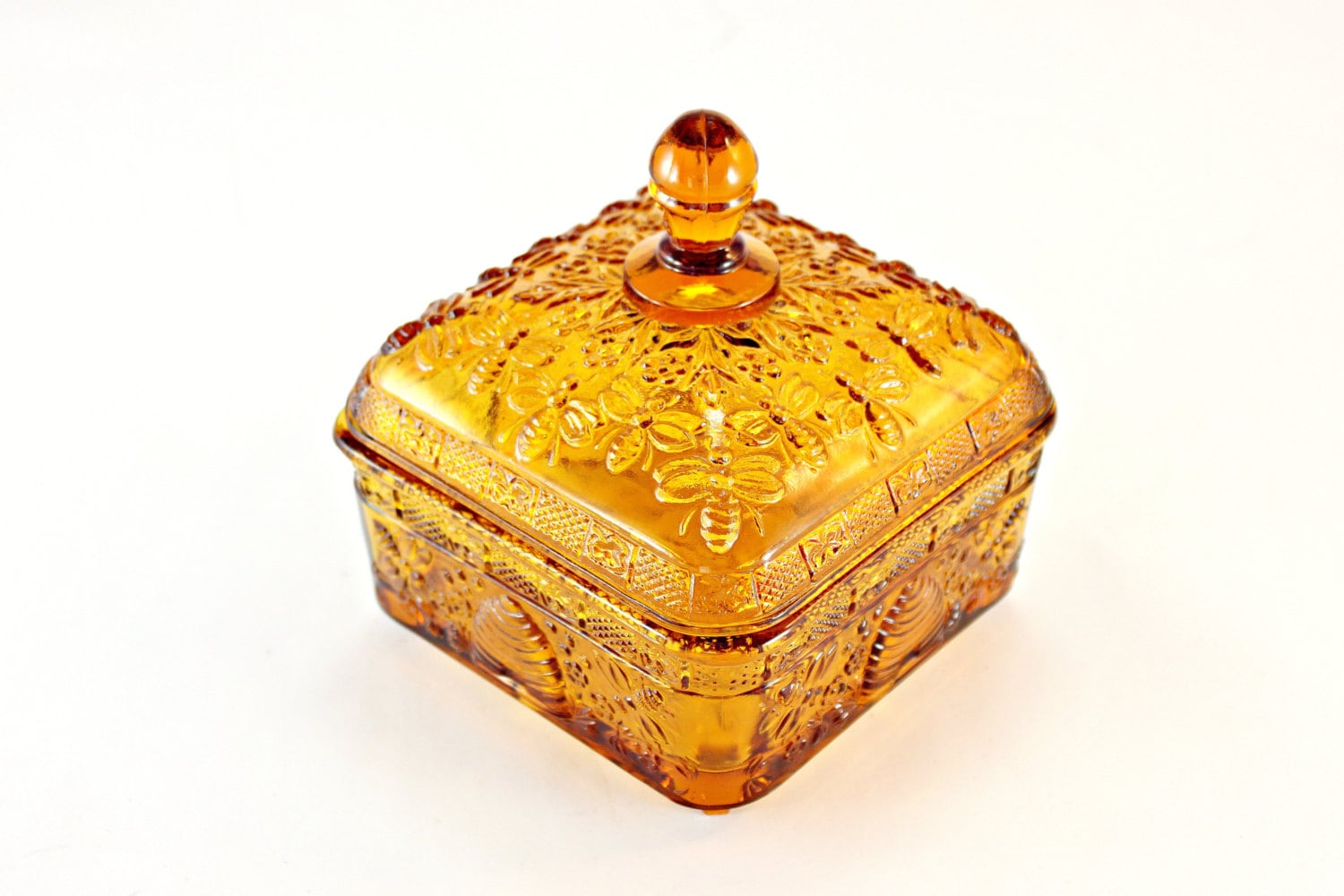 Honey Bee Candy Dish Tiara Amber Honey Bee Lidded Dish