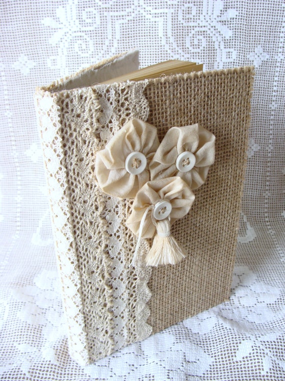 Burlap and Lace Guest Book Journal Diary Notebook Wedding Guestbook Prayer Journal Tattered Shabby handmade Fabric Flowers