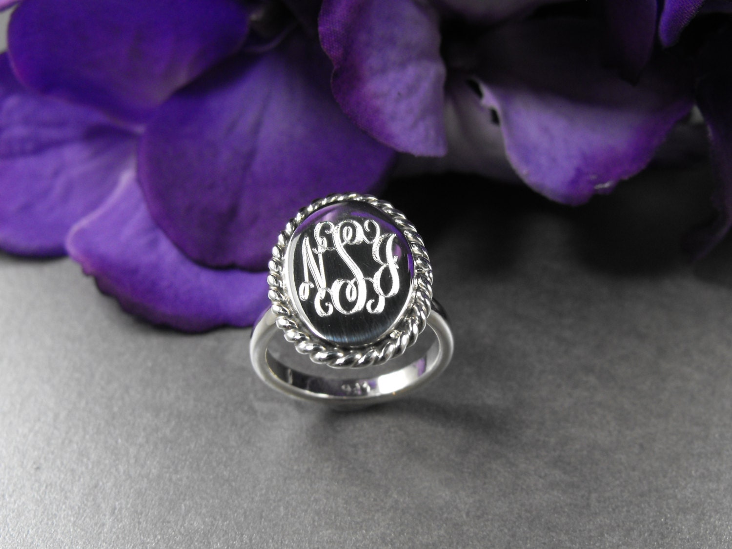 Monogram Sterling Silver Oval Ring Braided Trim Personalized