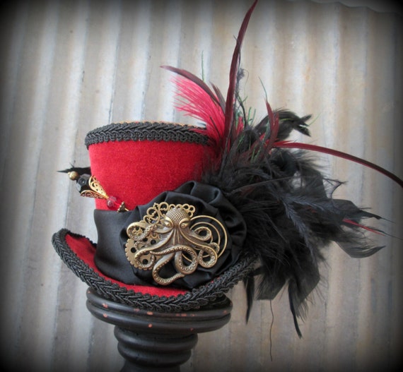 Download Blood Red STeampunk Octopus Mini Top Hat Alice in Wonderland