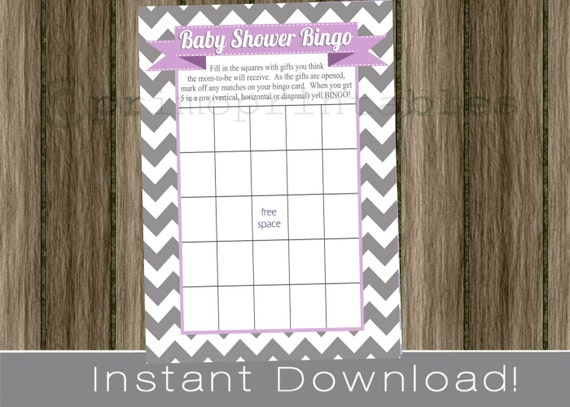 Baby Shower Bingo Game Cards / gray chevron and lavender/ INSTANT DOWNLOAD diy digital printable file print your own , babyshower Il_570xn