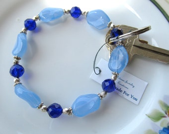 Handmade For You Hands-Free Beaded Bracelet KeyChain Keyring Cobalt Blue Czech Glass Beads, Bean Silver Stretch Cord Fit Many Size Unique