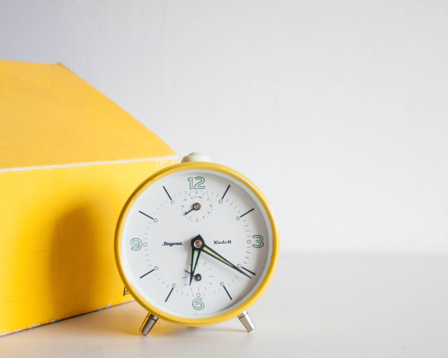 Yellow Alarm Clock, Dugena German Desk Clock, Mechanical Office Clock