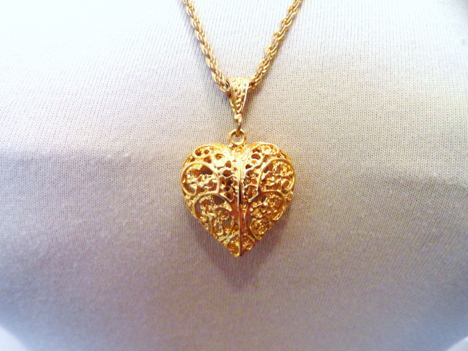 60's Heart Pendant Gold Mod Filigreed Puffed by LittleKumquat