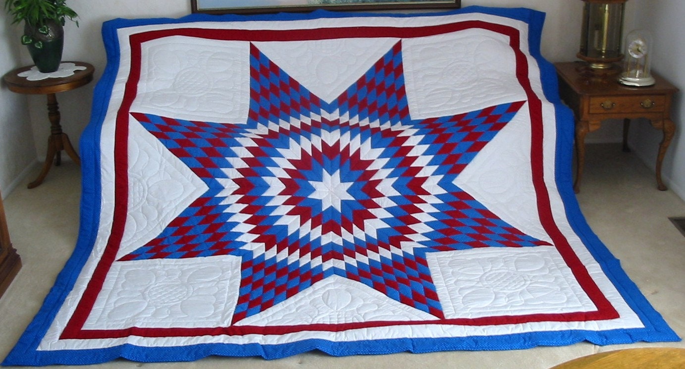 New King Size Lone Star Quilt Red Blue Hand Quilted