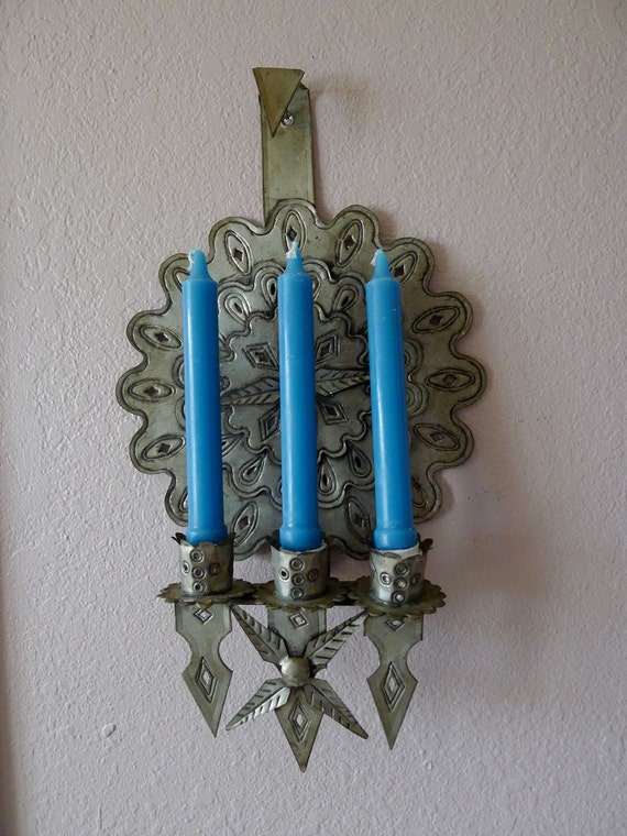 Mexican Vintage tin 3 candle holder rustic by LucitasBodega
