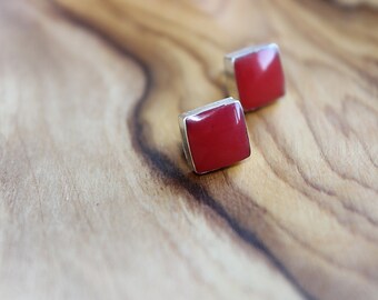 Red Coral Square Studs, Sterling Silver