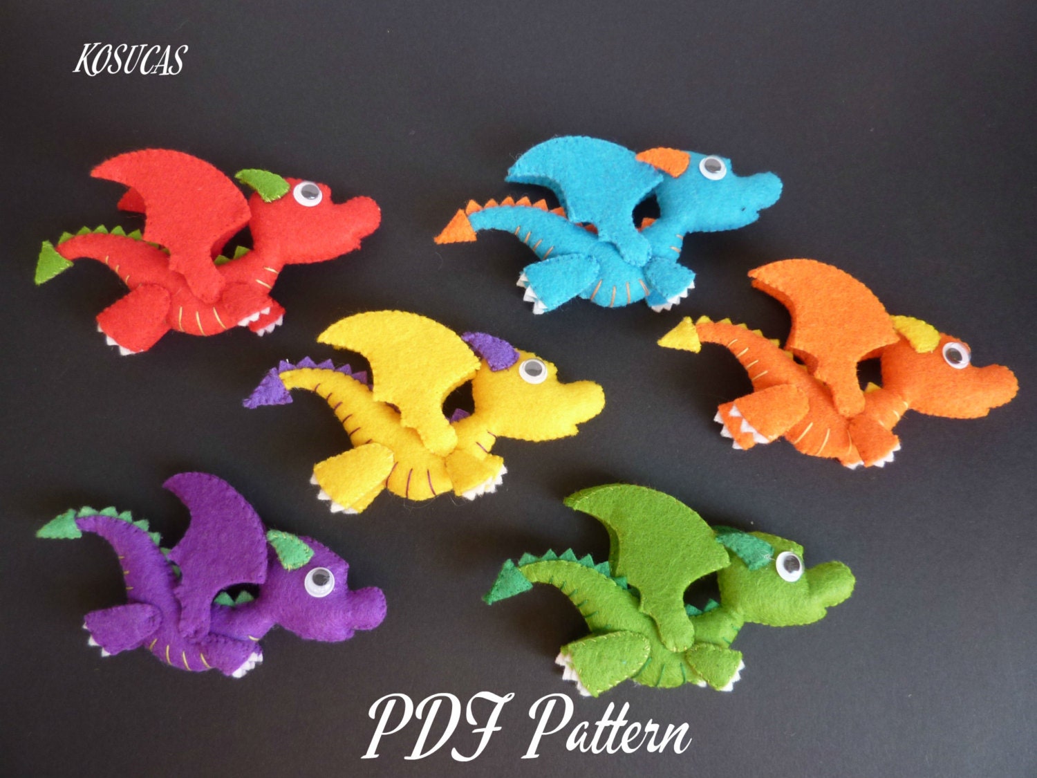 PDF sewing pattern to make a little felt dragon.