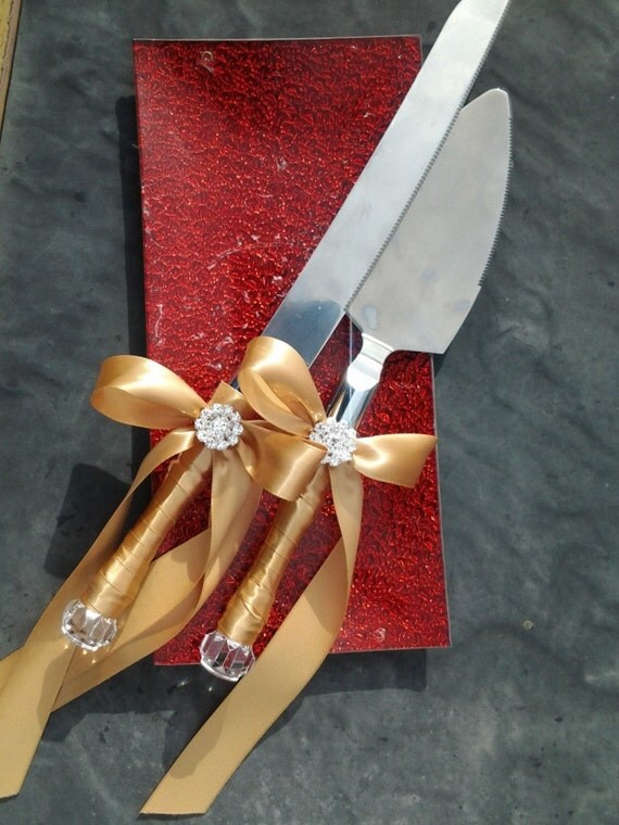 gold satin ribbon rhinestone wedding cake server and knife