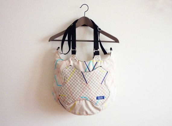 Beige geometric pattern large crossbody bag canvas tote bag hobo bag